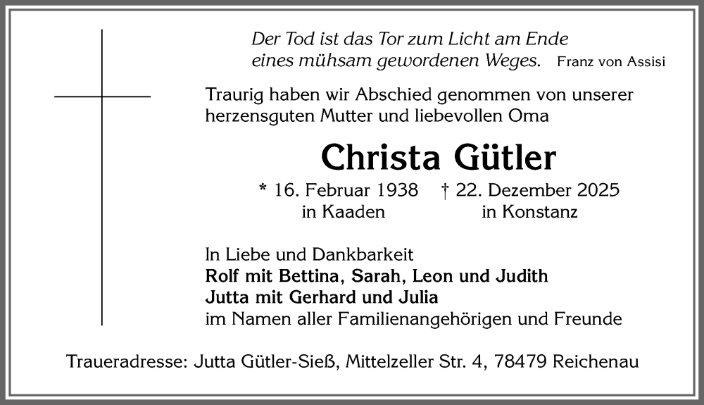  Traueranzeige für Christa Gütler vom 10.01.2026 aus Allgäuer Zeitung,Kempten