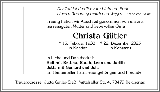Traueranzeige von Christa Gütler von Allgäuer Zeitung,Kempten