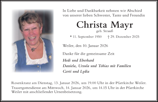 Traueranzeige von Christa Mayr von Der Westallgäuer