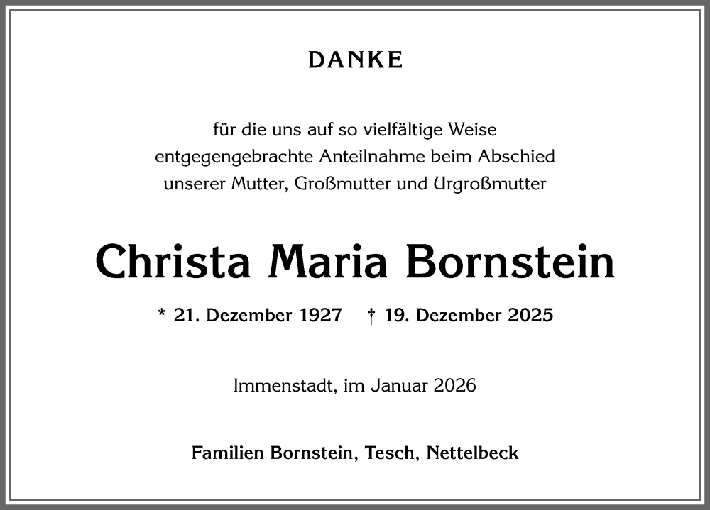  Traueranzeige für Christa Maria Bornstein vom 17.01.2026 aus Allgäuer Anzeigeblatt