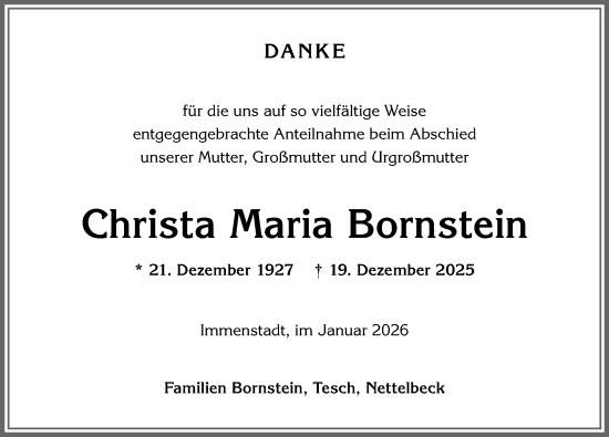 Traueranzeige von Christa Maria Bornstein von Allgäuer Anzeigeblatt
