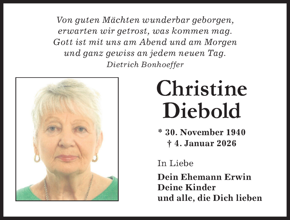  Traueranzeige für Christine Diebold vom 10.01.2026 aus Memminger Zeitung