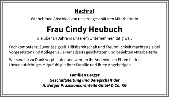 Traueranzeige von Cindy Heubuch von Memminger Zeitung