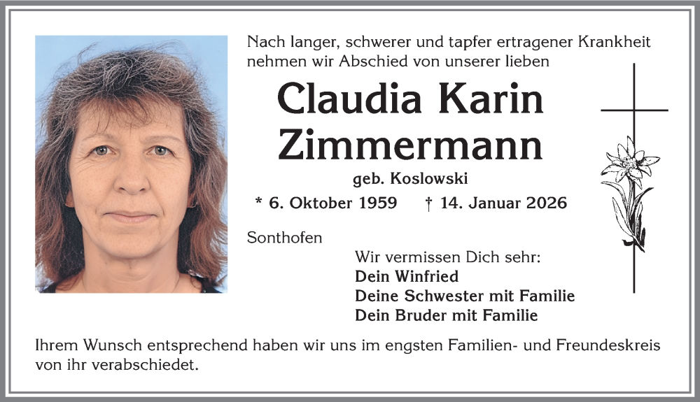  Traueranzeige für Claudia Karin Zimmermann vom 31.01.2026 aus Allgäuer Anzeigeblatt