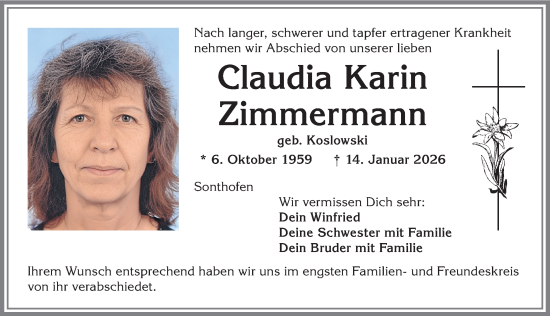 Traueranzeige von Claudia Karin Zimmermann von Allgäuer Anzeigeblatt