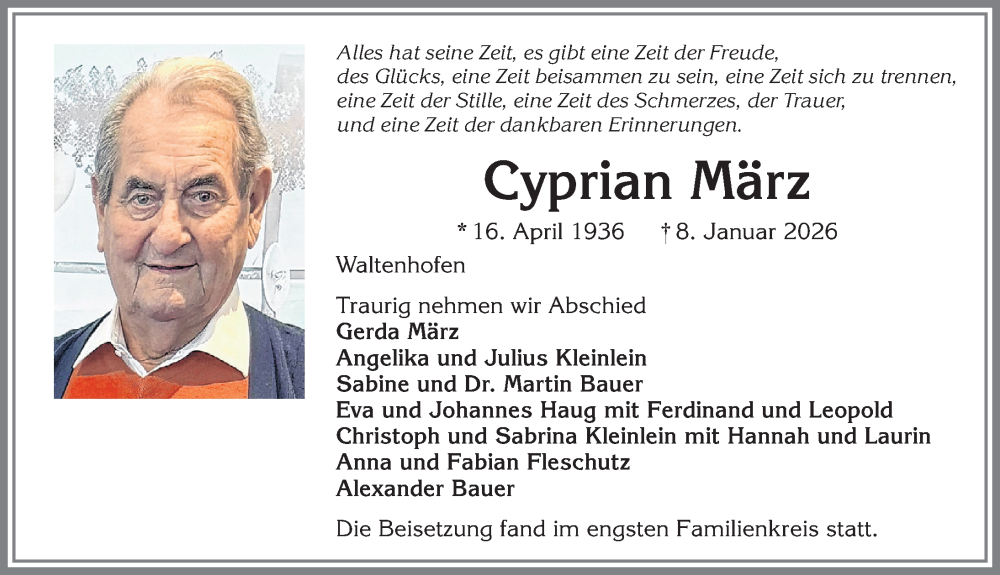  Traueranzeige für Cyprian März vom 24.01.2026 aus Allgäuer Zeitung,Kempten