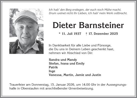 Traueranzeige von Dieter Barnsteiner von Allgäuer Anzeigeblatt