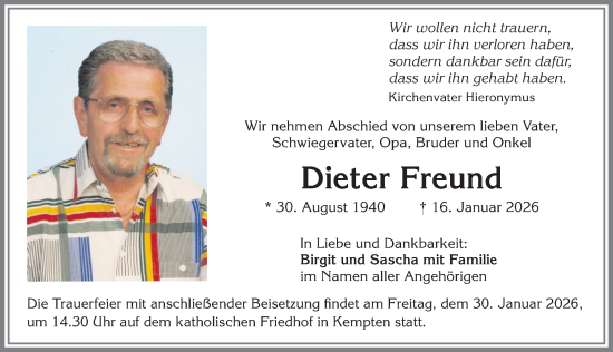 Traueranzeige von Dieter Freund von Allgäuer Zeitung,Kempten