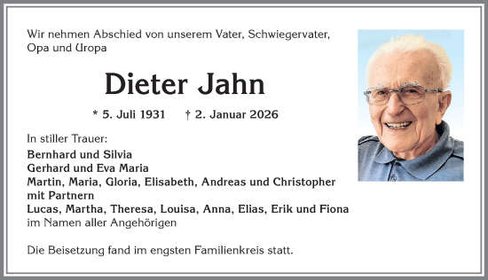 Traueranzeige von Dieter Jahn von Allgäuer Anzeigeblatt