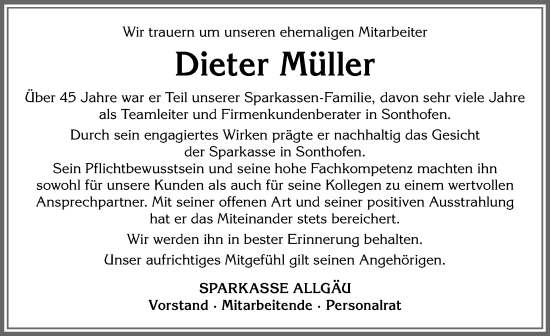 Traueranzeige von Dieter Müller von Allgäuer Anzeigeblatt