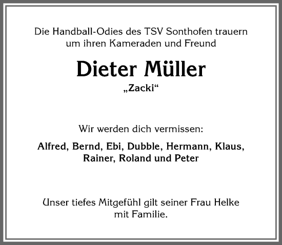 Traueranzeige von Dieter Müller von Allgäuer Anzeigeblatt