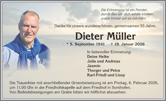 Traueranzeige von Dieter Müller von Allgäuer Anzeigeblatt