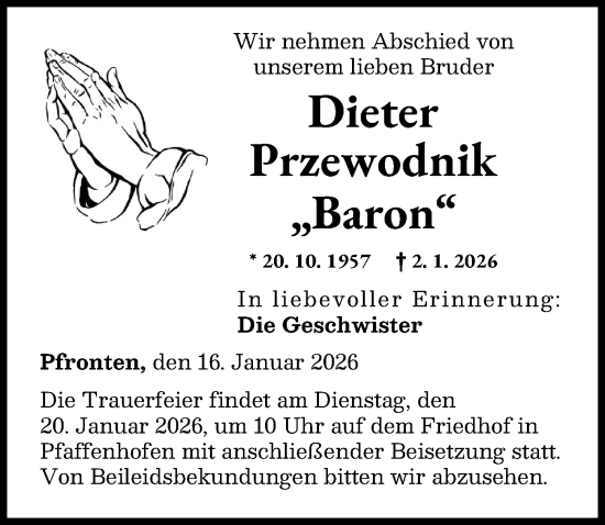 Traueranzeige von Dieter Przewodnik von Allgäuer Zeitung, Füssen