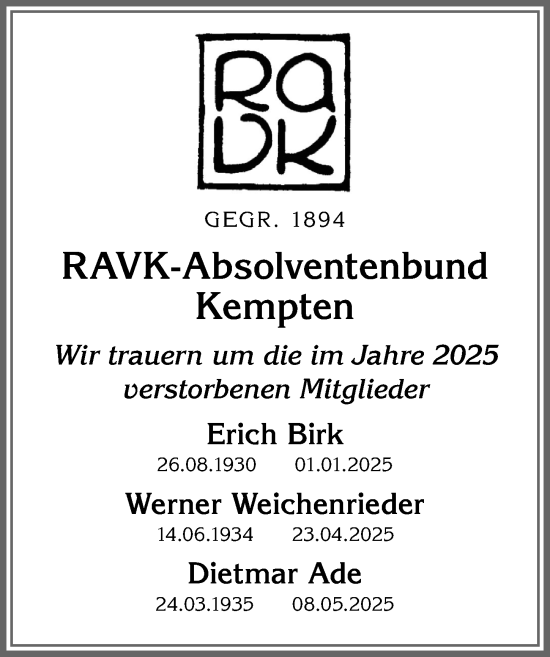 Traueranzeige von Dietmar Ade von Allgäuer Zeitung,Kempten