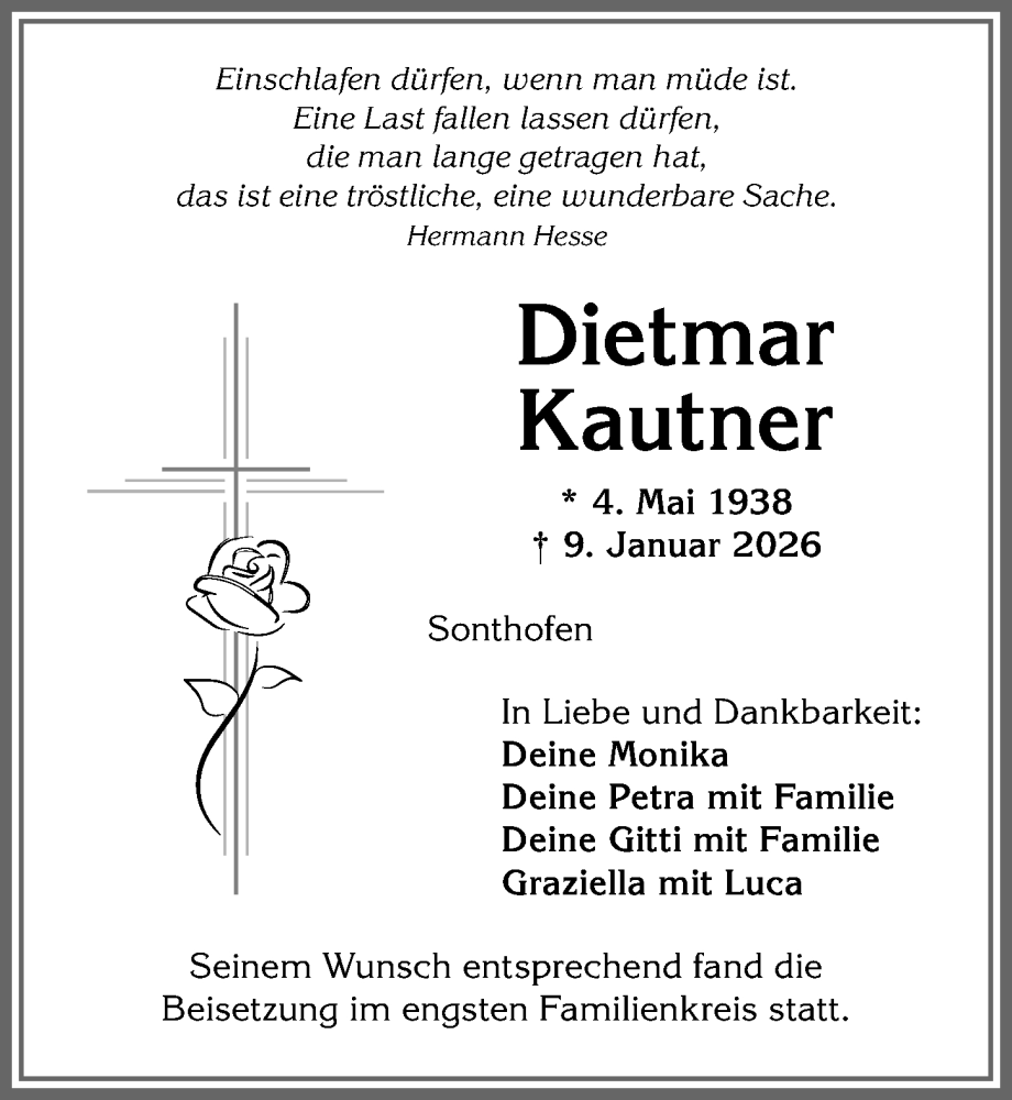  Traueranzeige für Dietmar Kautner vom 24.01.2026 aus Allgäuer Anzeigeblatt