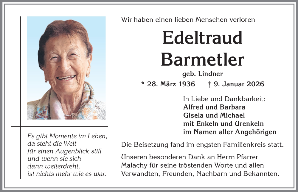  Traueranzeige für Edeltraud Barmetler vom 24.01.2026 aus Allgäuer Zeitung,Kempten