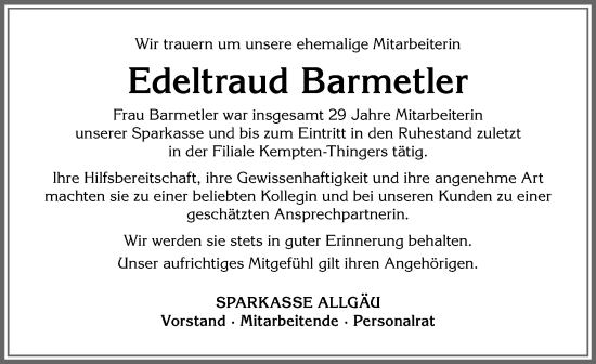 Traueranzeige von Edeltraud Barmetler von Allgäuer Zeitung,Kempten