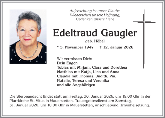 Traueranzeige von Edeltraud Gaugler von Allgäuer Zeitung, Kaufbeuren/Buchloe