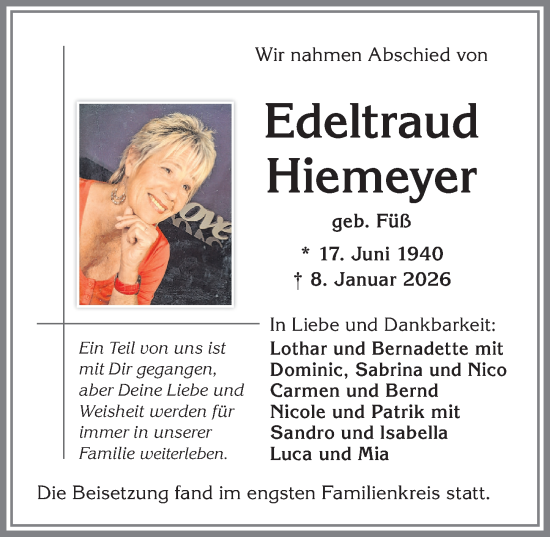 Traueranzeige von Edeltraud Hiemeyer von Allgäuer Zeitung,Kempten