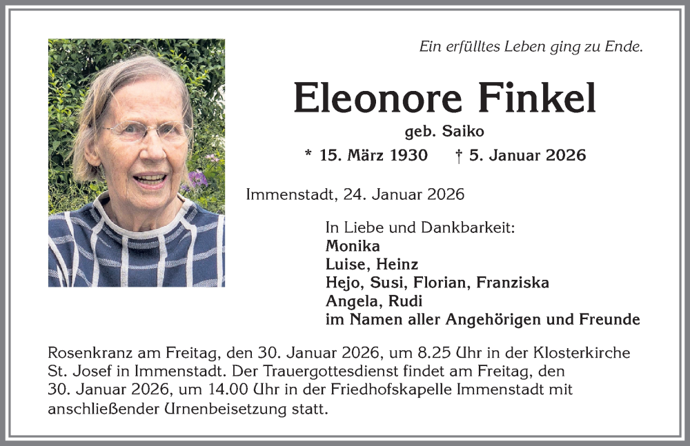  Traueranzeige für Eleonore Finkel vom 24.01.2026 aus Allgäuer Anzeigeblatt