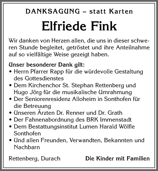Traueranzeige von Elfriede Fink von Allgäuer Anzeigeblatt