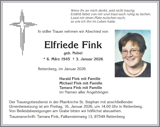 Traueranzeige von Elfriede Fink von Allgäuer Anzeigeblatt