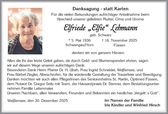 Traueranzeige von Elfriede Lehmann von Allgäuer Zeitung, Füssen