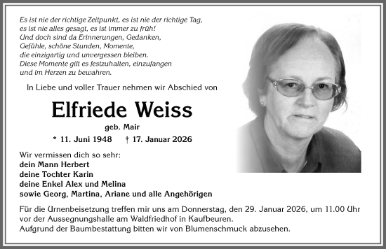 Traueranzeige von Elfriede Weiss von Allgäuer Zeitung, Kaufbeuren/Buchloe