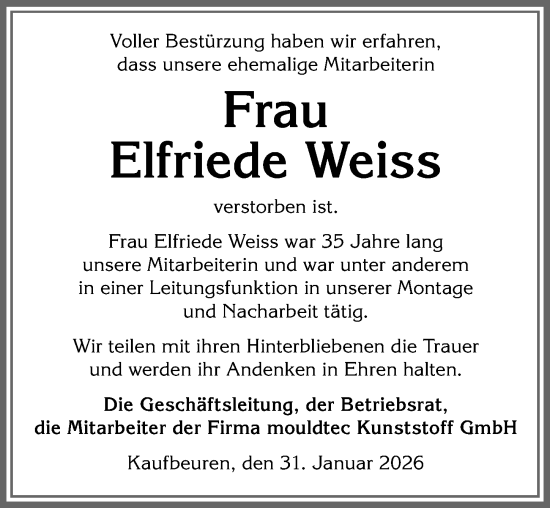 Traueranzeige von Elfriede Weiss von Allgäuer Zeitung, Kaufbeuren/Buchloe