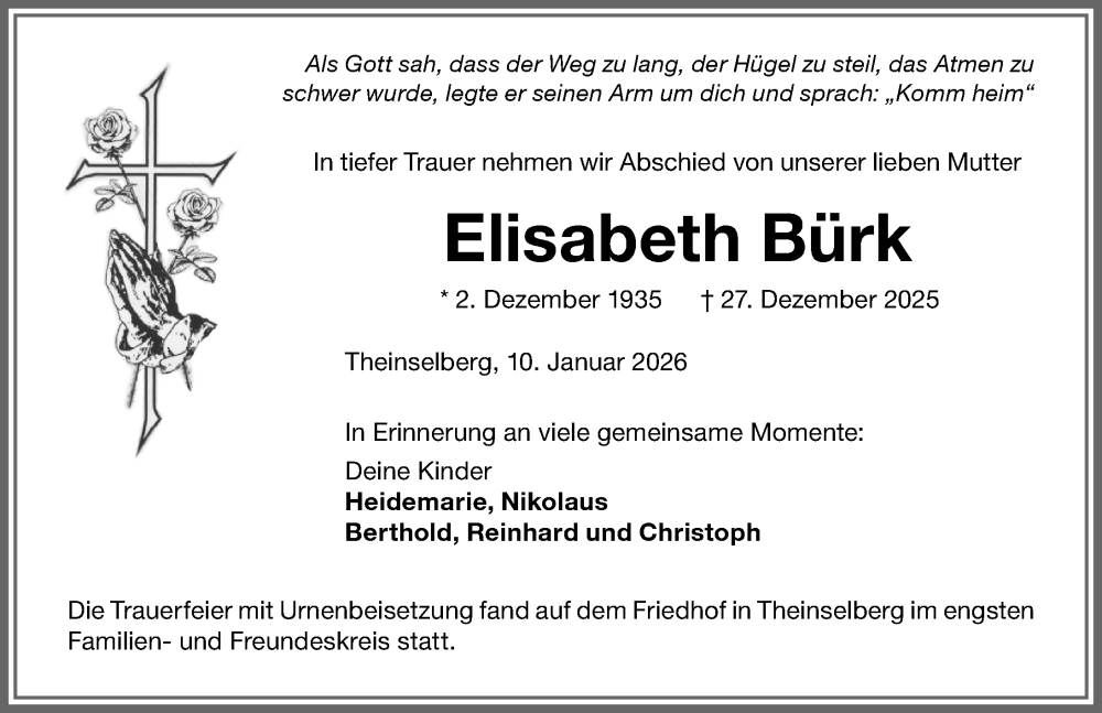  Traueranzeige für Elisabeth Bürk vom 10.01.2026 aus Memminger Zeitung