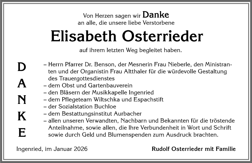 Traueranzeige für Elisabeth Osterrieder vom 17.01.2026 aus Allgäuer Zeitung, Kaufbeuren/Buchloe