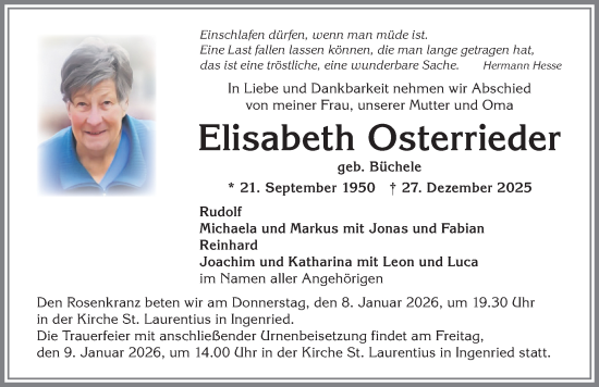 Traueranzeige von Elisabeth Osterrieder von Allgäuer Zeitung, Kaufbeuren/Buchloe