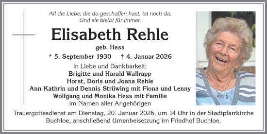 Traueranzeige von Elisabeth Rehle von Allgäuer Zeitung, Kaufbeuren/Buchloe