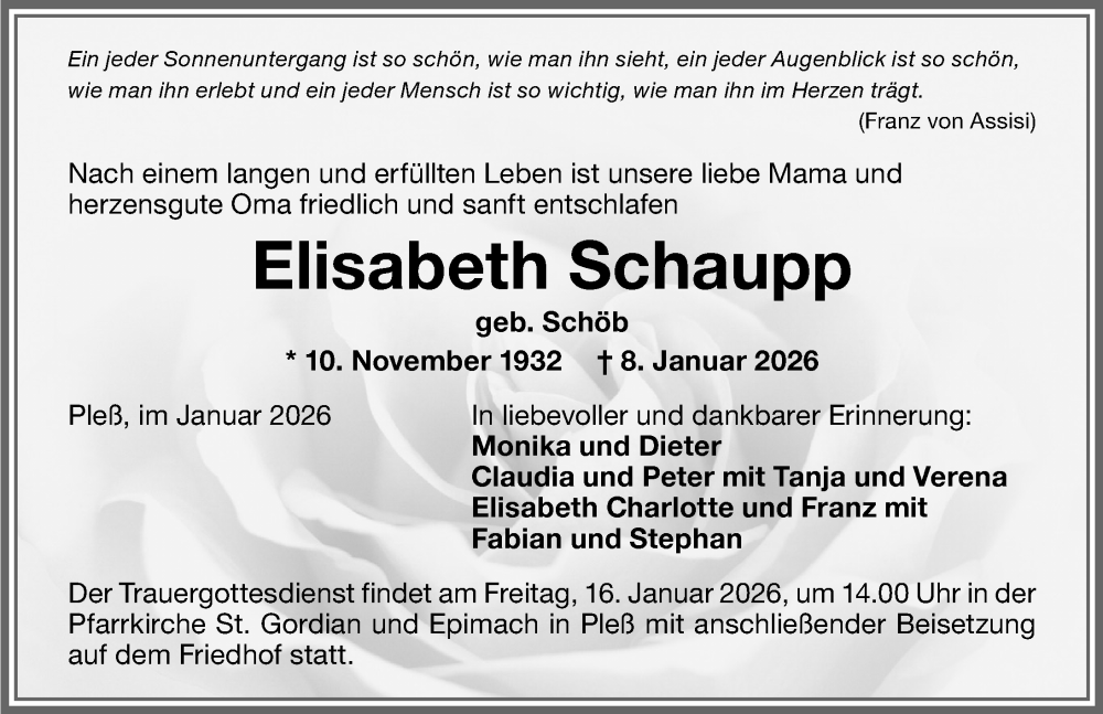  Traueranzeige für Elisabeth Schaupp vom 14.01.2026 aus Memminger Zeitung