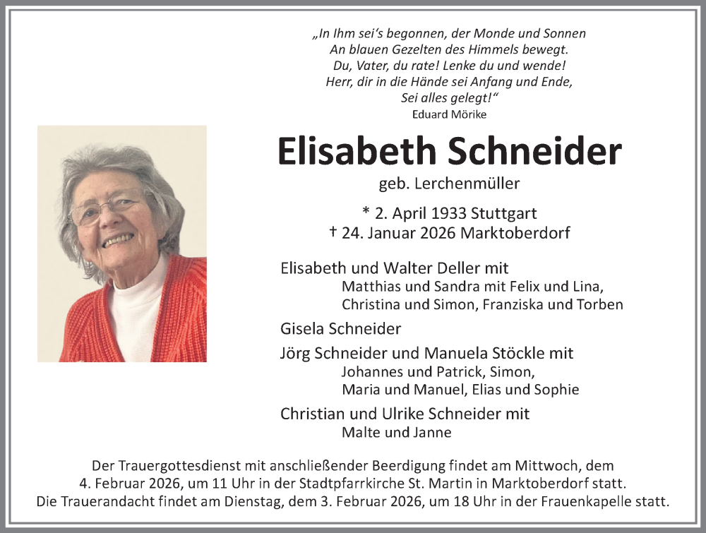  Traueranzeige für Elisabeth Schneider vom 31.01.2026 aus Allgäuer Zeitung, Marktoberdorf