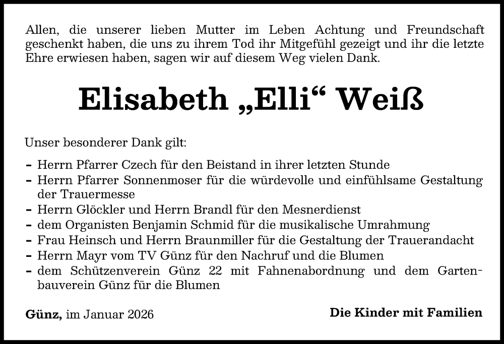  Traueranzeige für Elisabeth Weiß vom 03.01.2026 aus Memminger Zeitung