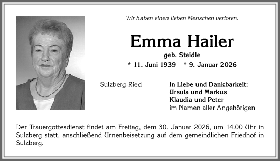 Traueranzeige von Emma Hailer von Allgäuer Zeitung,Kempten