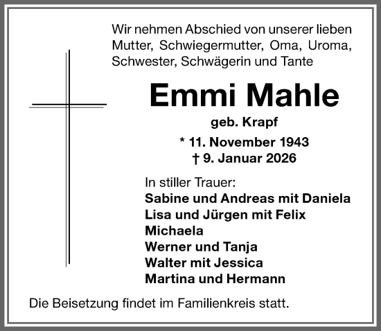 Traueranzeige von Emmi Mahle von Memminger Zeitung