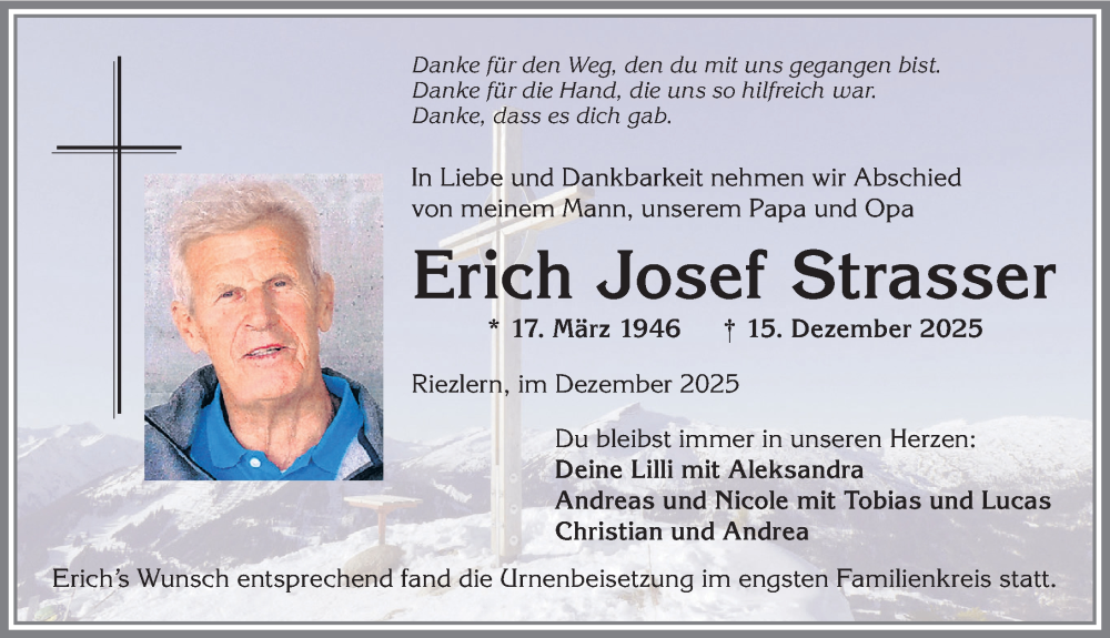  Traueranzeige für Erich Josef Strasser vom 02.01.2026 aus Allgäuer Anzeigeblatt