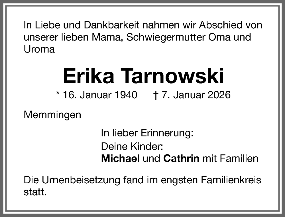  Traueranzeige für Erika Tarnowski vom 31.01.2026 aus Memminger Zeitung