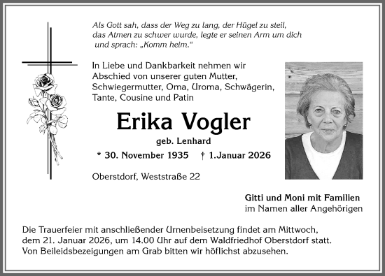 Traueranzeige von Erika Vogler von Allgäuer Anzeigeblatt