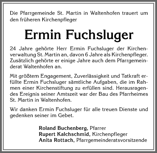 Traueranzeige von Ermin Fuchsluger von Allgäuer Zeitung,Kempten