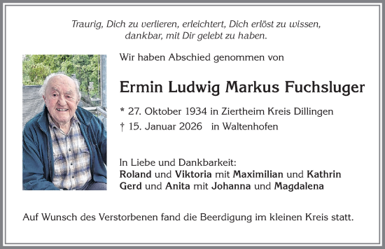 Traueranzeige von Ermin Ludwig Markus Fuchsluger von Allgäuer Zeitung,Kempten