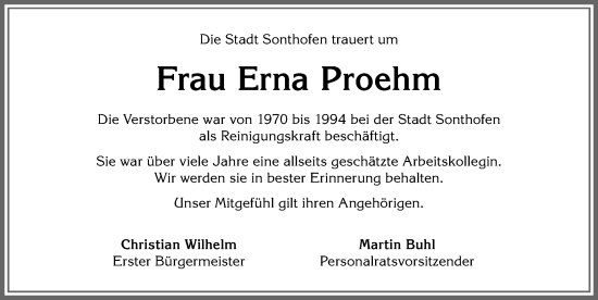 Traueranzeige von Erna Proehm von Allgäuer Anzeigeblatt
