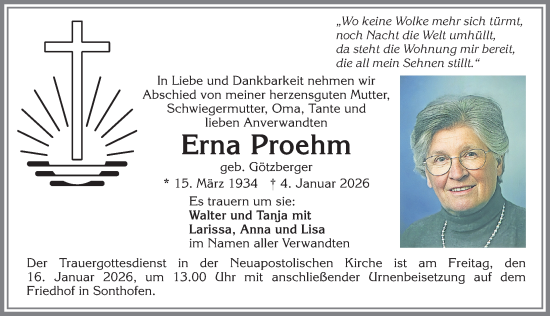 Traueranzeige von Erna Proehm von Allgäuer Anzeigeblatt