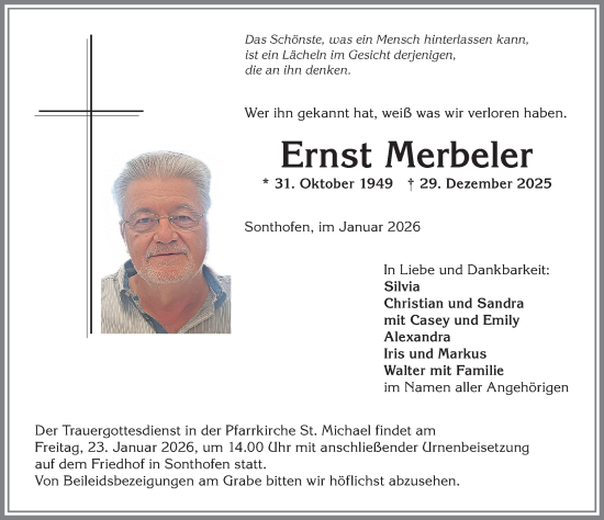 Traueranzeige von Ernst Merbeler von Allgäuer Anzeigeblatt