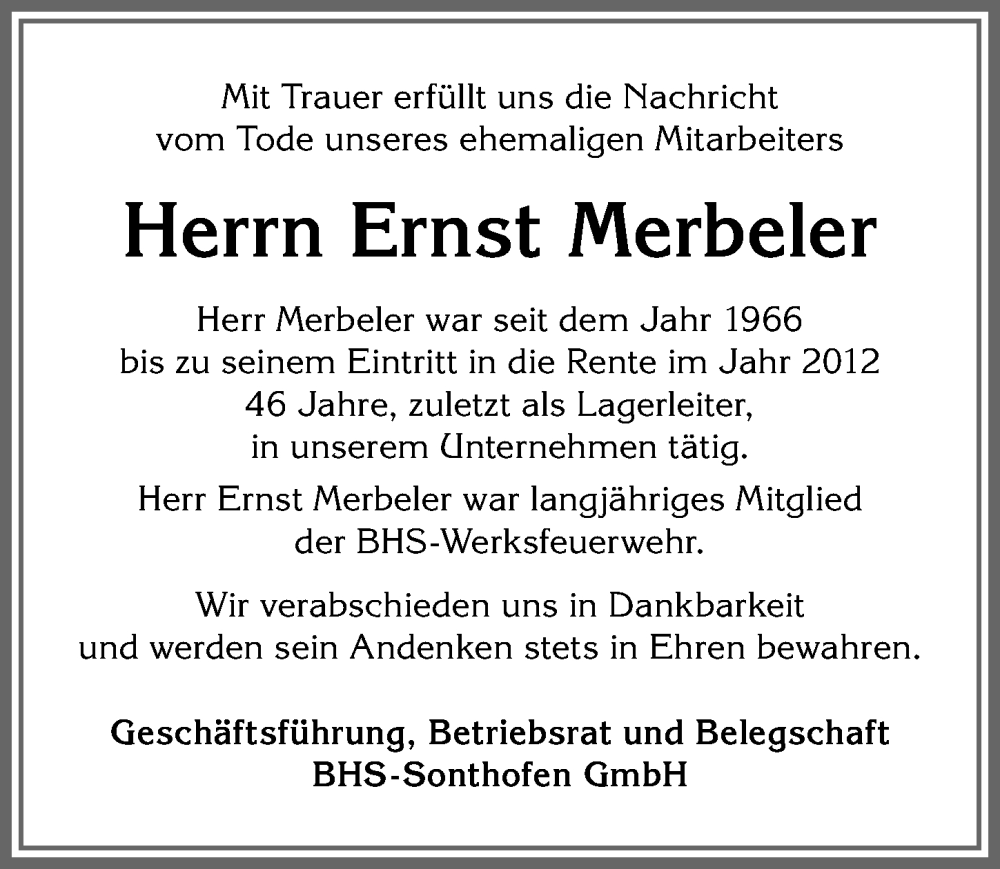  Traueranzeige für Ernst Merbeler vom 17.01.2026 aus Allgäuer Anzeigeblatt