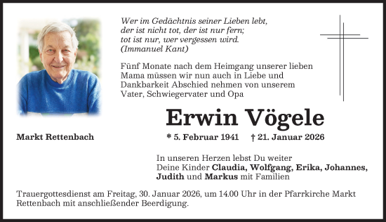 Traueranzeige von Erwin Vögele von Mindelheimer Zeitung, Augsburger Allgemeine