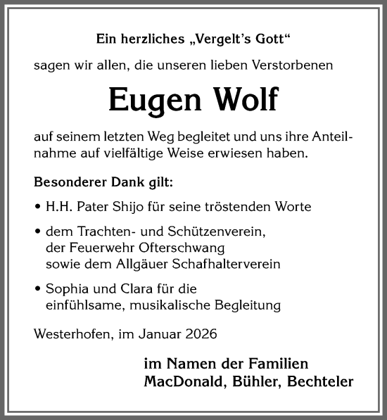 Traueranzeige von Eugen Wolf von Allgäuer Anzeigeblatt
