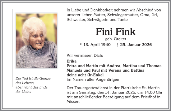 Traueranzeige von Fini Fink von Allgäuer Anzeigeblatt